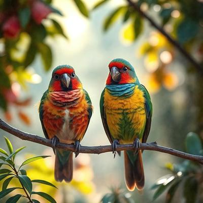 The primary subject of the image is a pair of colorful birds perched on a tree branch. The birds are positioned close to each other, creating a sense of companionship. The setting is a lush green forest, with the birds surrounded by trees and foliage. The visual style of the image is a close-up of the birds, showcasing their vibrant colors and intricate feather patterns. The overall atmosphere of the image is one of beauty and harmony, as the birds coexist in their natural habitat